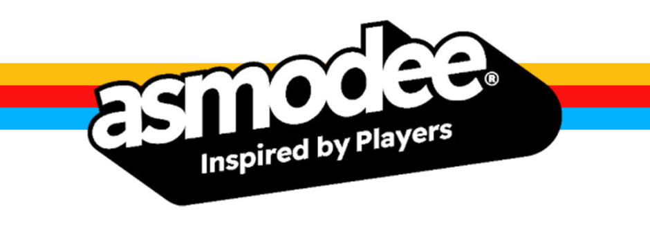 Asmodee logo, with yellow, red and blue horizontal stripes behind. The tag line "Inspired by Players" underneath