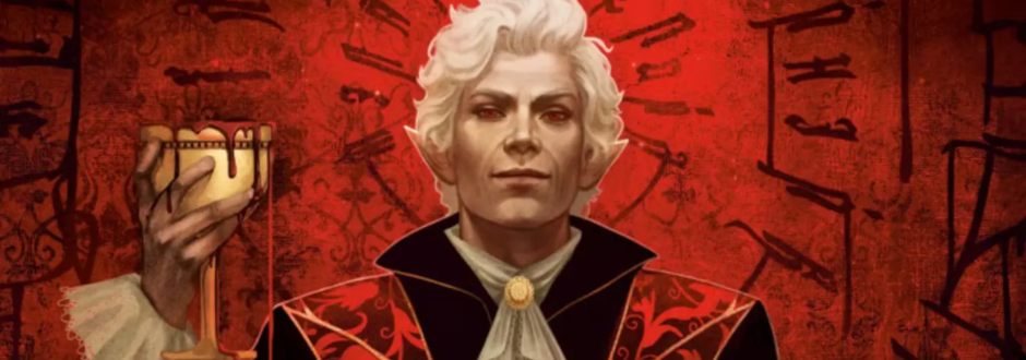Astarion from BG3, a pale white-haired vampire with red eyes, holding a goblet of blood against a red, rune-covered background.
