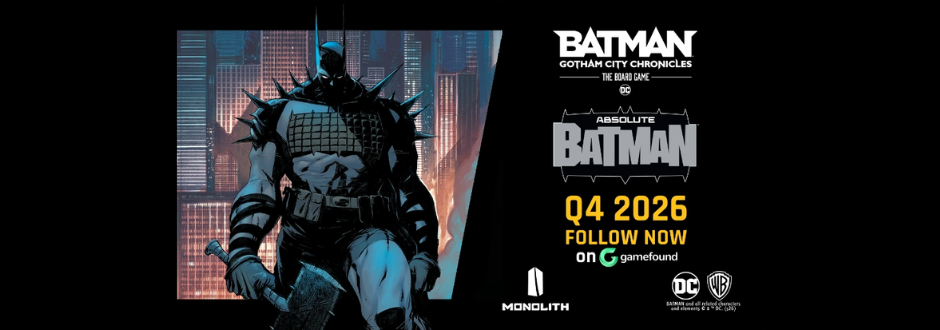 Batman stands in front of a city skyline, wearing armor with spikes. Text announces "Batman: Gotham City Chronicles" board game, coming Q4 2026.
