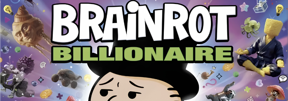 Cartoon-style poster for "Brainrot Billionaire" featuring a worried character in a black hat, surrounded by whimsical floating objects and creatures.