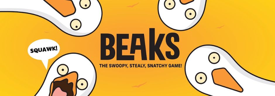 Cartoon seagull heads with wide eyes surround the black text 'BEAKS, The Swoopy, Stealy, Snatchy Game!' One seagull says 'Squawk!' on a bright orange background