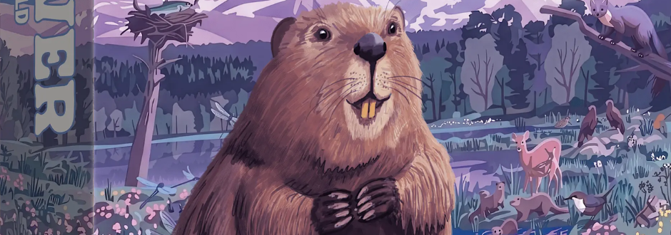 Illustrated scene with a cheerful beaver in the foreground, set in a vibrant forest with a river, various animals, and distant mountains at sunset.