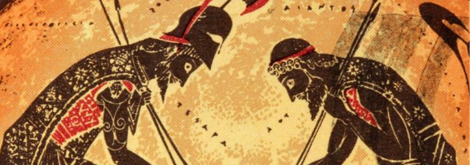 Cave drawing-esque artwork of two soldiers