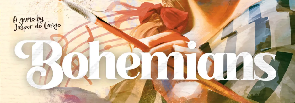 Cover art for a game titled 'Bohemians' by Jasper de Lange. Features a hand holding a paintbrush, vibrant musical notes, and abstract patterns