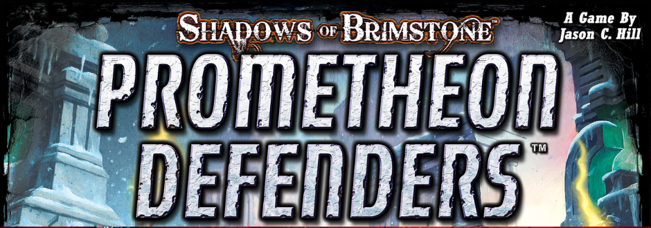 Shadows of Brimstone: Prometheon Defenders game title in bold, icy letters on a dark, mysterious backdrop with columns and glowing elements