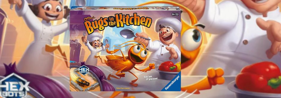 The image shows the board game "Bugs in the Kitchen" by Ravensburger. The box features an animated bug and cheerful chefs in a lively kitchen scene.