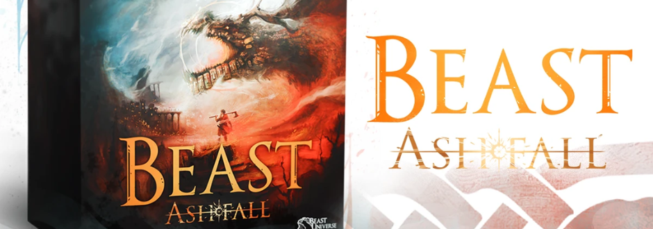 Board game cover and title design for Beast Ashfall, showing a fiery, ash-filled landscape with a lone figure facing a massive skeletal beast, rendered in warm orange and smoky tones.