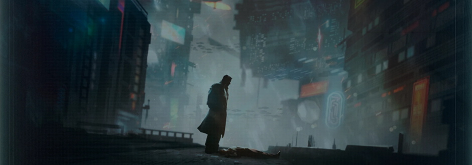 A lone figure stands over a body on a rain-soaked street in a dark, futuristic city filled with towering skyscrapers and neon lights.