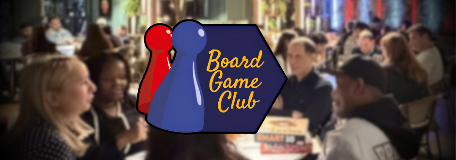Board game club logo with blurred people in the background