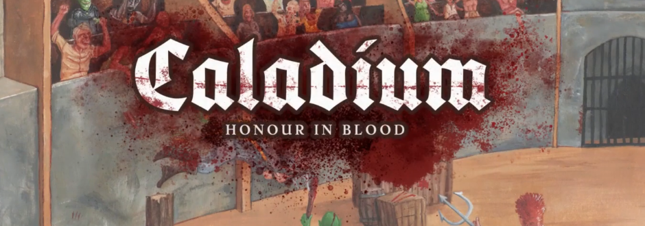 White gothic text on a blood-red background reads "Caladun" with "Honour in Blood" below. The design evokes a dark, intense, and dramatic tone.