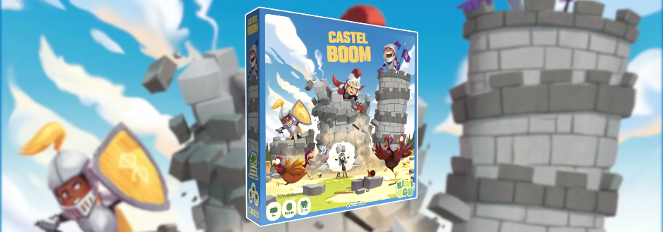 The image shows a board game box titled "Castel Boom" with cartoon knights and cheerful characters. Towers crumble in the background under a bright, blue sky.
