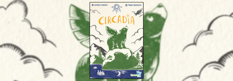 The image shows a book cover titled "Circadia" with green and white illustrations of a mythical creature on a mountain, surrounded by birds and clouds. The artwork conveys a mystical, adventurous tone.
