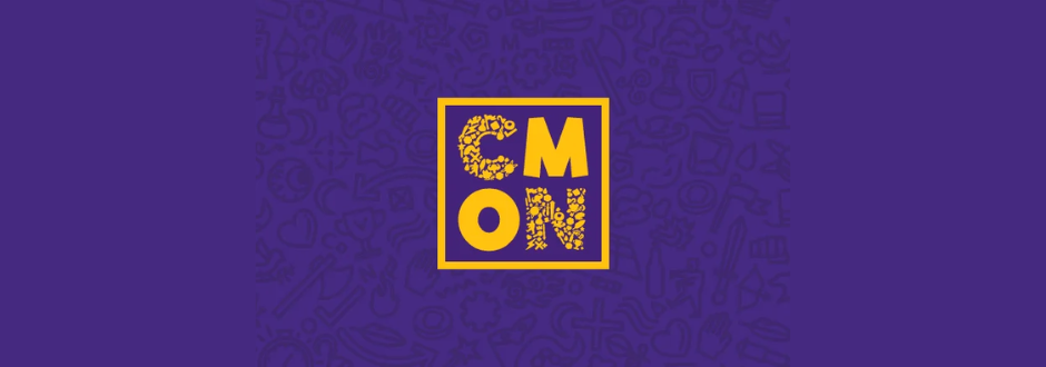 Purple background with a yellow square logo containing the letters “CMON” in bold, stylized text.