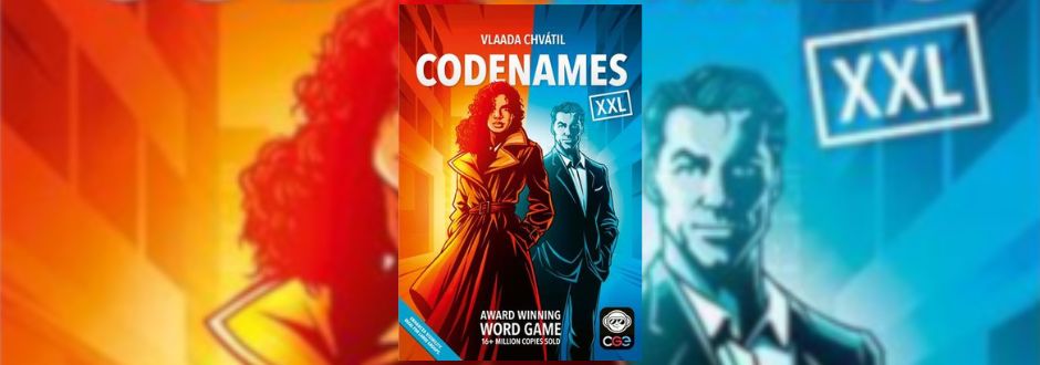 Cover of the board game "Codenames XXL" featuring a mysterious woman in red and a man in blue suits. Text highlights it as an award-winning word game.