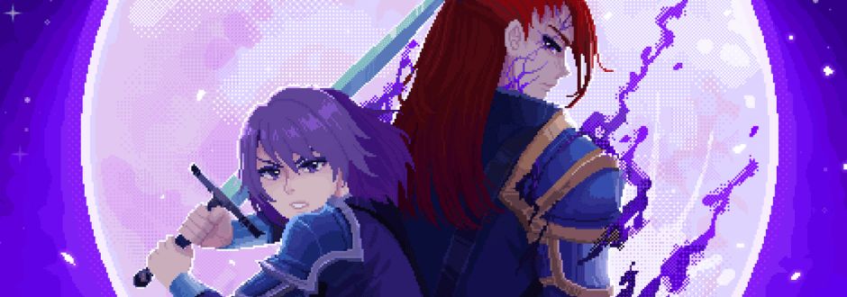 Two fantasy warriors stand back-to-back against a glowing full moon. The warrior on the left has purple hair and holds a sword; the one on the right has long red hair with blue energy veins.