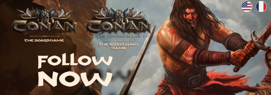 Warrior brandishing a bloodied sword in a fierce battle stance on a stormy background. Logos for "Conan the Board Game" and "Conan the Roleplaying Game" with "Follow Now" text and flags of the USA and France.