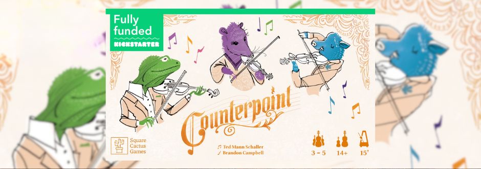 Illustrated cover for the game "Counterpoint" features anthropomorphic animals playing violins: a green lizard, purple bear, and blue goat.
