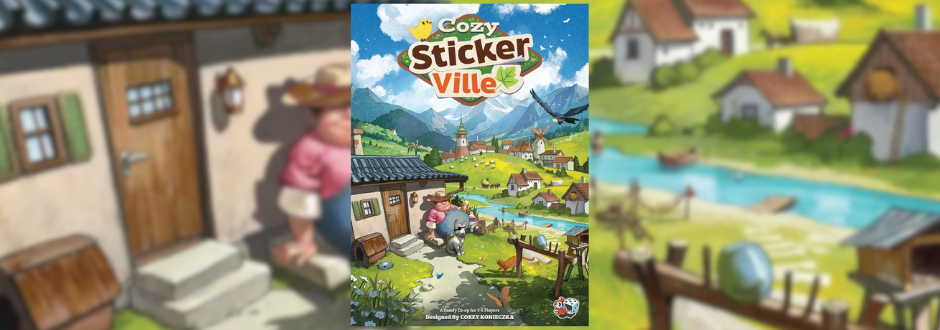 Cover of "Cozy Stickerville" showing a quaint village scene with cottages, a river, and mountains. A person tends to flowers, evoking a peaceful rural vibe.