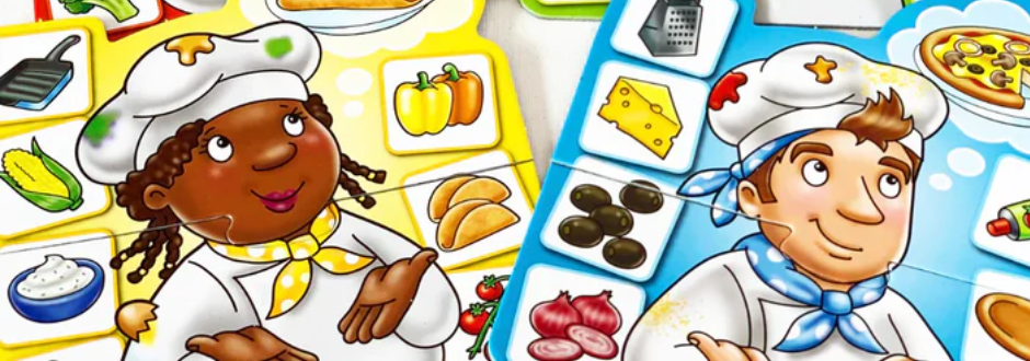 Close up of two completed chef characters, with blue and yellow backgrounds