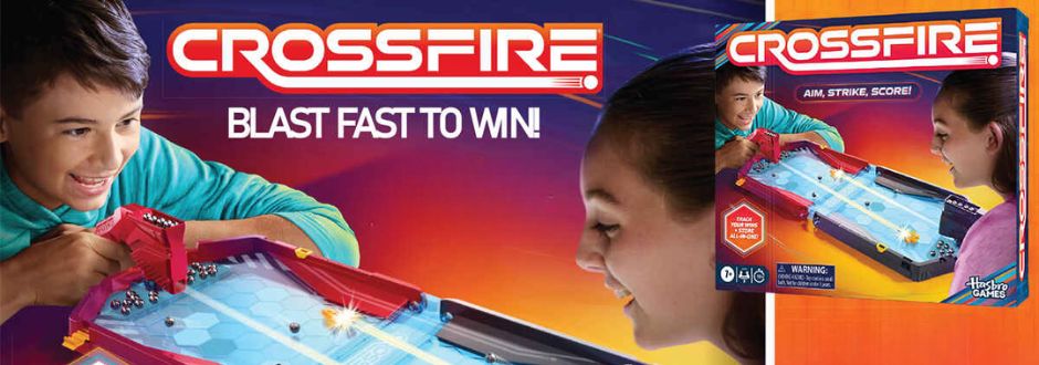 Two kids enjoy the intense board game "Crossfire," aiming to score with excitement. The box features the logo and tagline "Blast Fast to Win."
