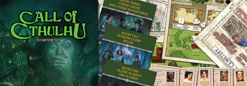 Call of Cthulhu starter set book surrounded by additional materials