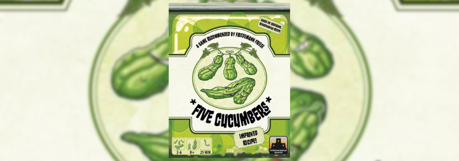 Illustrated cover of "Five Cucumbers" card game, featuring cartoon cucumbers and playful text in green tones. The mood is lighthearted and fun.