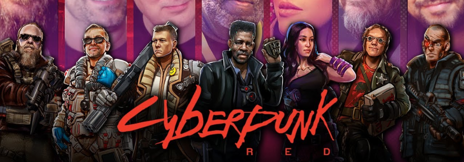 Illustration of varied cyberpunk characters against a purple backdrop, with "Cyberpunk Red" in bold red text. They exude a futuristic, gritty vibe.