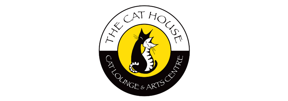 Circular logo with a stylized black-and-white cat inside a yellow center, surrounded by the text ‘The Cat House Cat Lounge & Arts Centre.’