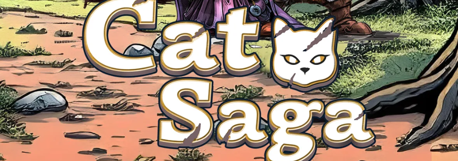 A stylized title reading “Cat Saga” in large, bold letters with a white cat face icon