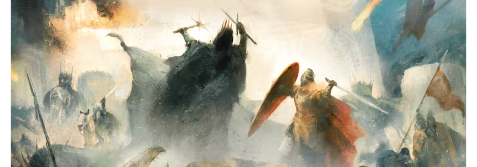 A dramatic battle scene showing a warrior with a shield facing dark, cloaked riders amid smoke and chaos.