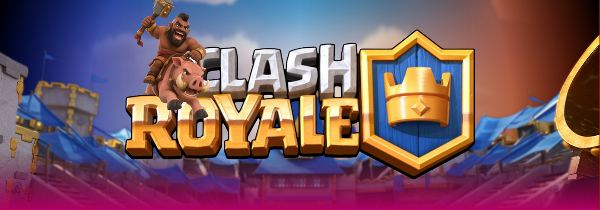 The Clash royale logo with a hog rider jumping over it