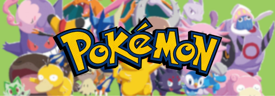 The Pokemon logo in a cartoon style with blurred Pokemon in the background