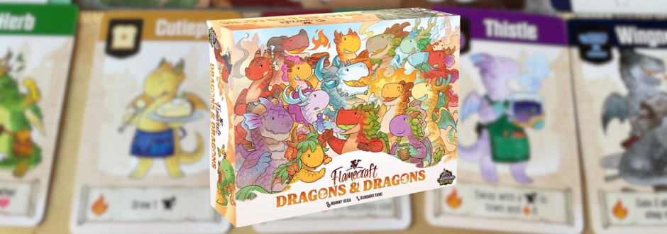 An image of the Dragons and Dragons Expansion box with the cards in the background looking blurry