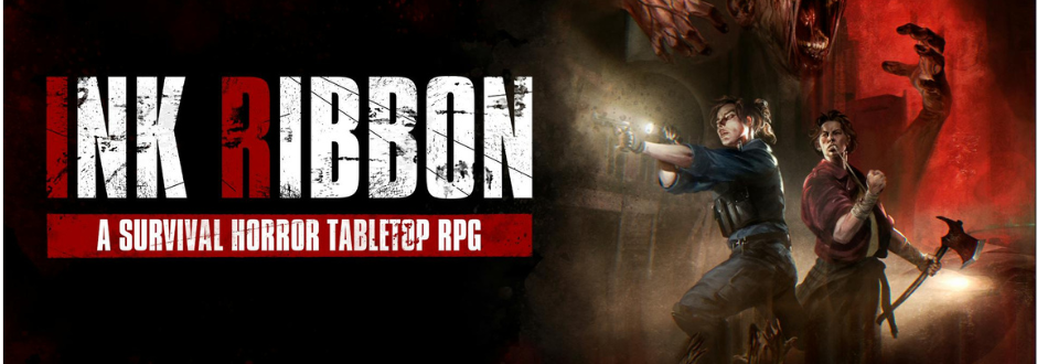 The Ink Ribbon logo with the text underneath it saying 'A SURVIVAL TABLETOP RPG' and some survivors to the right