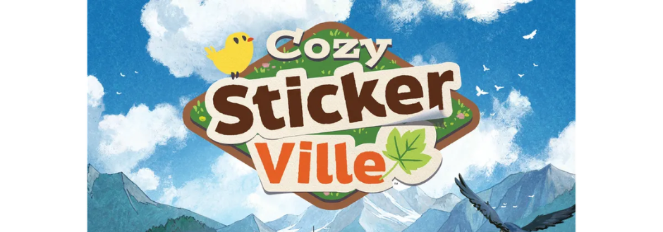 Colourful “Cozy Sticker Ville” logo with a small yellow bird, green leaf, blue sky, clouds, and mountain background.