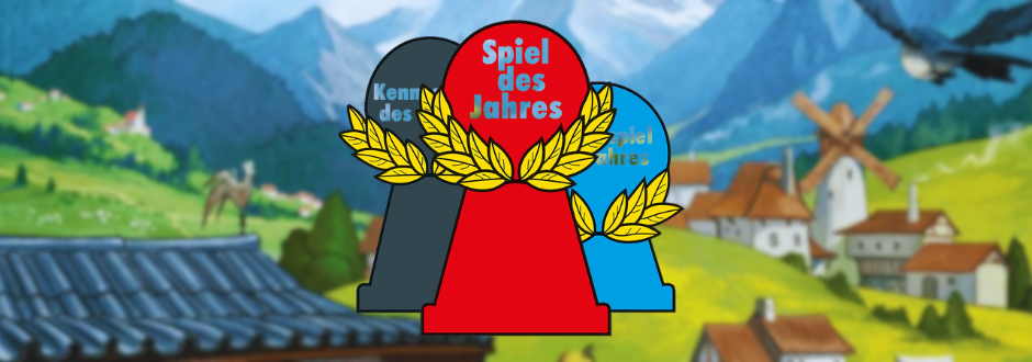 Illustration of three award tokens with German text in front of an Alpine village landscape, decorated with golden laurel wreaths.