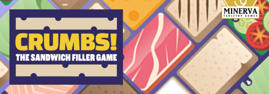 A colorful graphic for the game “Crumbs! The Sandwich Filler Game,” featuring stylized sandwich ingredients and bold title text.