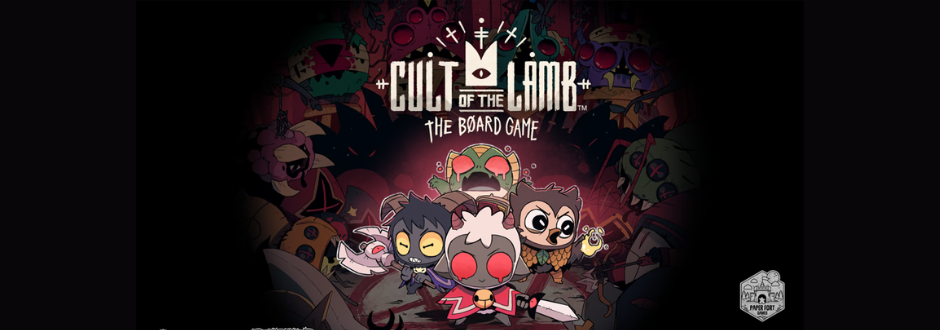 Promotional artwork for Cult of the Lamb: The Board Game showing cartoon-style animal characters with weapons in a dark, eerie setting, featuring the game’s logo at the top centre