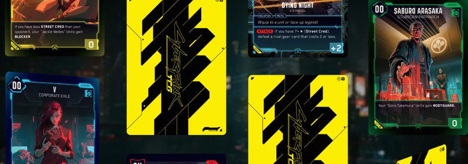 Cyberpunk 2077 card game showing stylized cards, including character cards like Saburo Arasaka and ability cards, with bold yellow Cyberpunk-themed card backs.