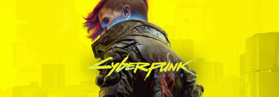 A stylized image of a futuristic character with a shaved undercut and colorful hair, facing away against a bright yellow city backdrop, with the title “Cyberpunk 2077.”