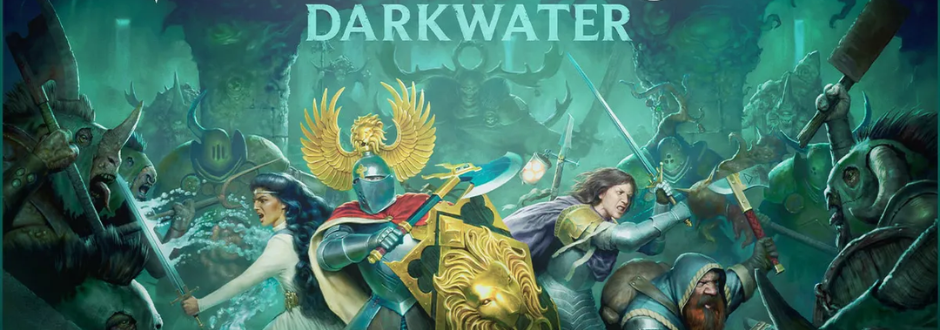 Fantasy battle scene with warriors in armor fighting dark creatures. Central knight holds a lion shield, surrounded by chaos. Title reads "Darkwater."