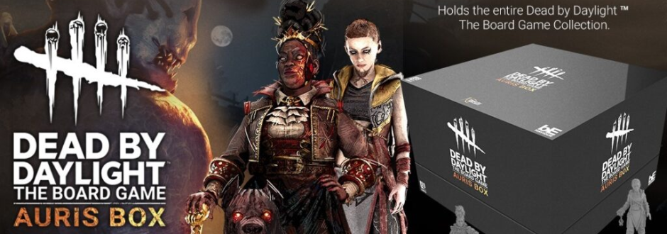 Promotional banner for Dead by Daylight board game Auris Box, featuring two characters and a large black collector’s box.