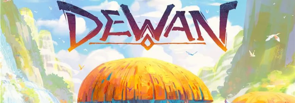 Colorful illustration, bold, stylized text 'DEWAN'. Lush greenery and gentle waterfalls surround the scene