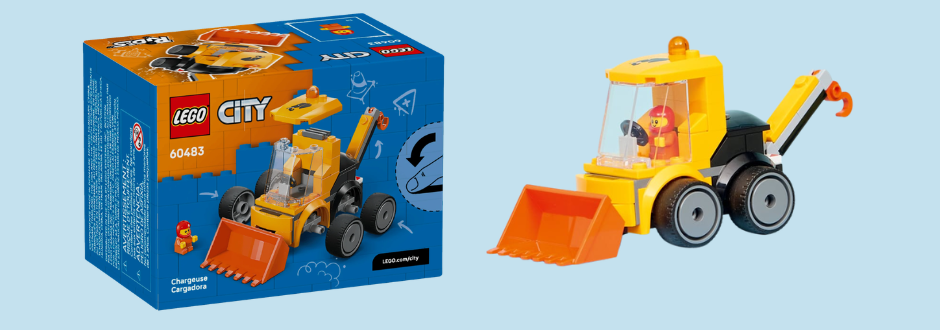 A LEGO construction vehicle featuring a bulldozer and a shovel, designed for imaginative play and creativity