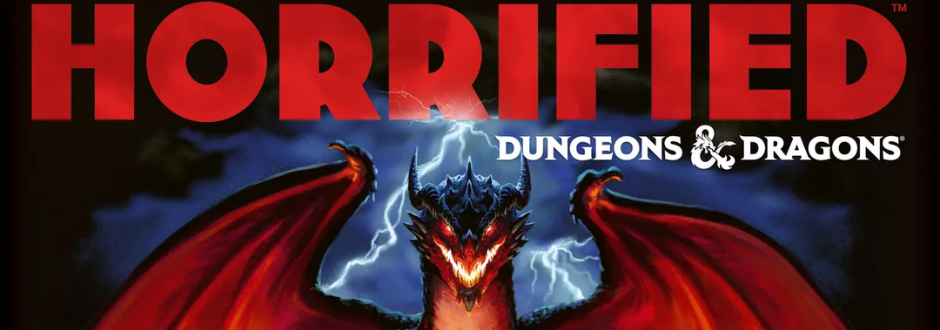 A fierce red dragon with large wings and glowing eyes stands against a stormy sky with lightning. The words "Horrified" and "Dungeons & Dragons" are above.