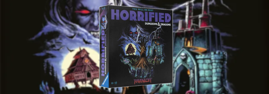 Box cover for "Horrified: Dungeons & Dragons" featuring a dark, ominous castle, a sinister figure, and eerie atmosphere, conveying a gothic horror theme.