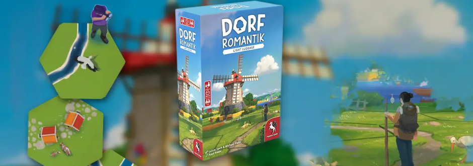 Box of the board game "Dorfromantik" with colorful landscape art featuring a windmill. Hexagonal game tiles with miniature figures and terrain icons.