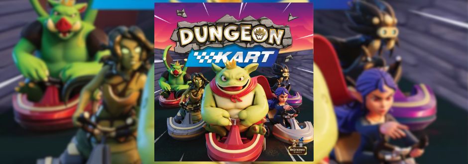 Colorful video game cover for "Dungeon Kart" featuring diverse fantasy characters in go-karts. The tone is playful and adventurous.