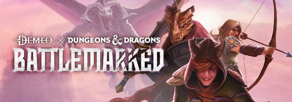 Fantasy-themed image with three adventurers—an archer, a rogue, and a warrior—poised for battle against a backdrop of a dragon. Text reads "Demeo x Dungeons & Dragons: Battlemarked." The mood is adventurous and epic