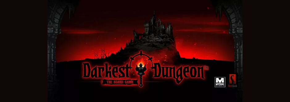 Dark red and black scene of a gothic castle on a hill, with the “Darkest Dungeon: The Board Game” logo in the foreground.